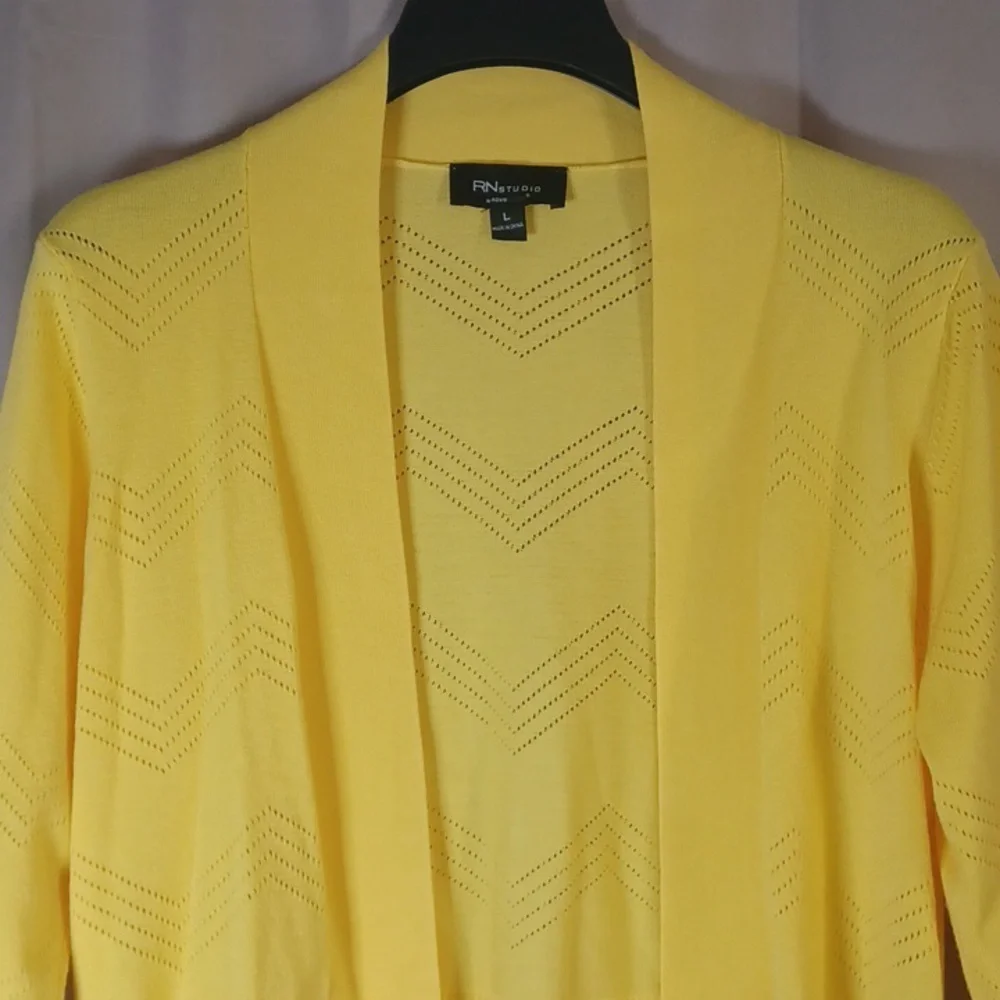 RN Studio Canary Happy Yellow Pointelle Open Front Cropped Cardigan Sweater